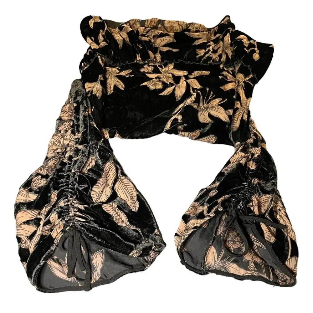 Democracy Floral Velvet Blouse Women's‎ Small Black/Brown Sheer Goth Bell Sleeve - Picture 3 of 5